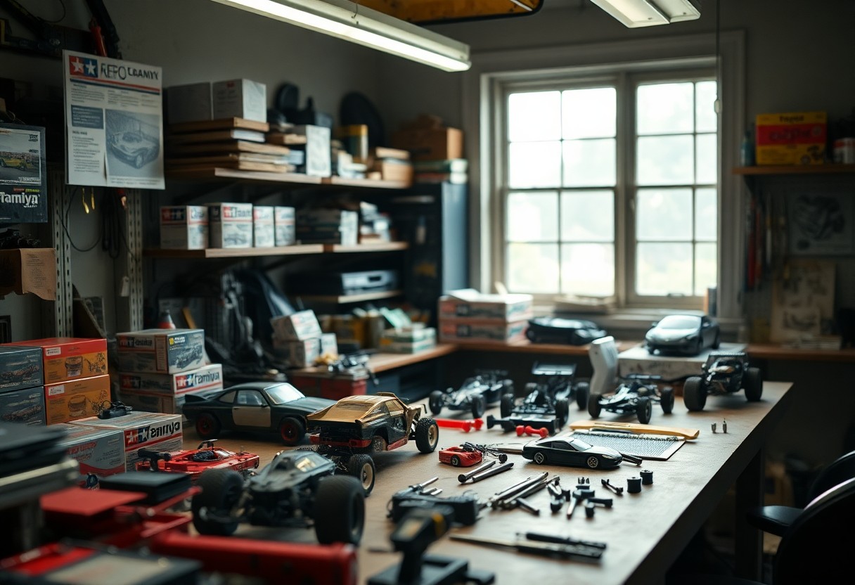 Model cars and kits on a workbench in a hobby workshop with shelves and tools, under natural light.