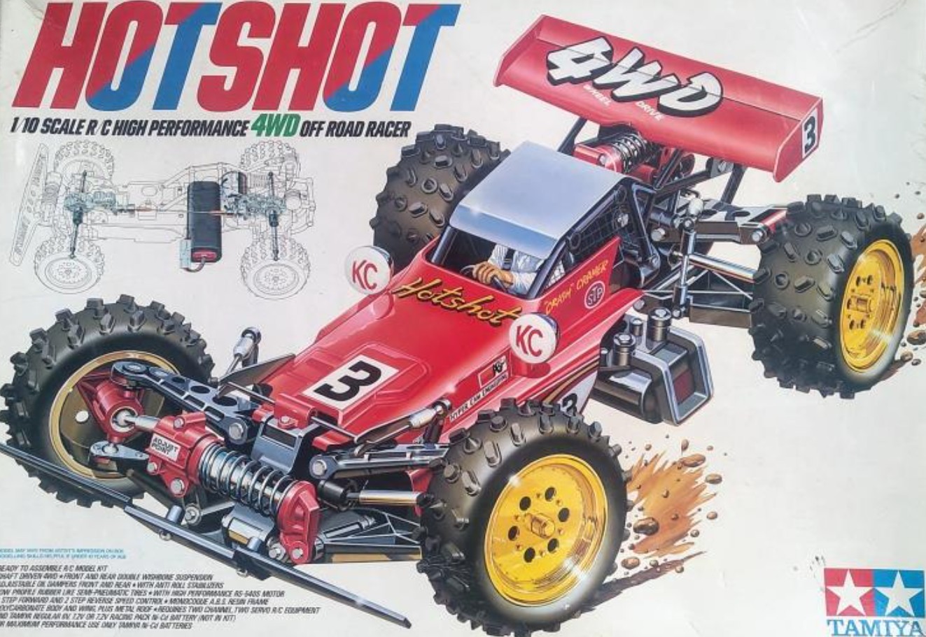 Tamiya Hotshot 4WD off-road racer model kit box art with detailed design elements from Tamiya.