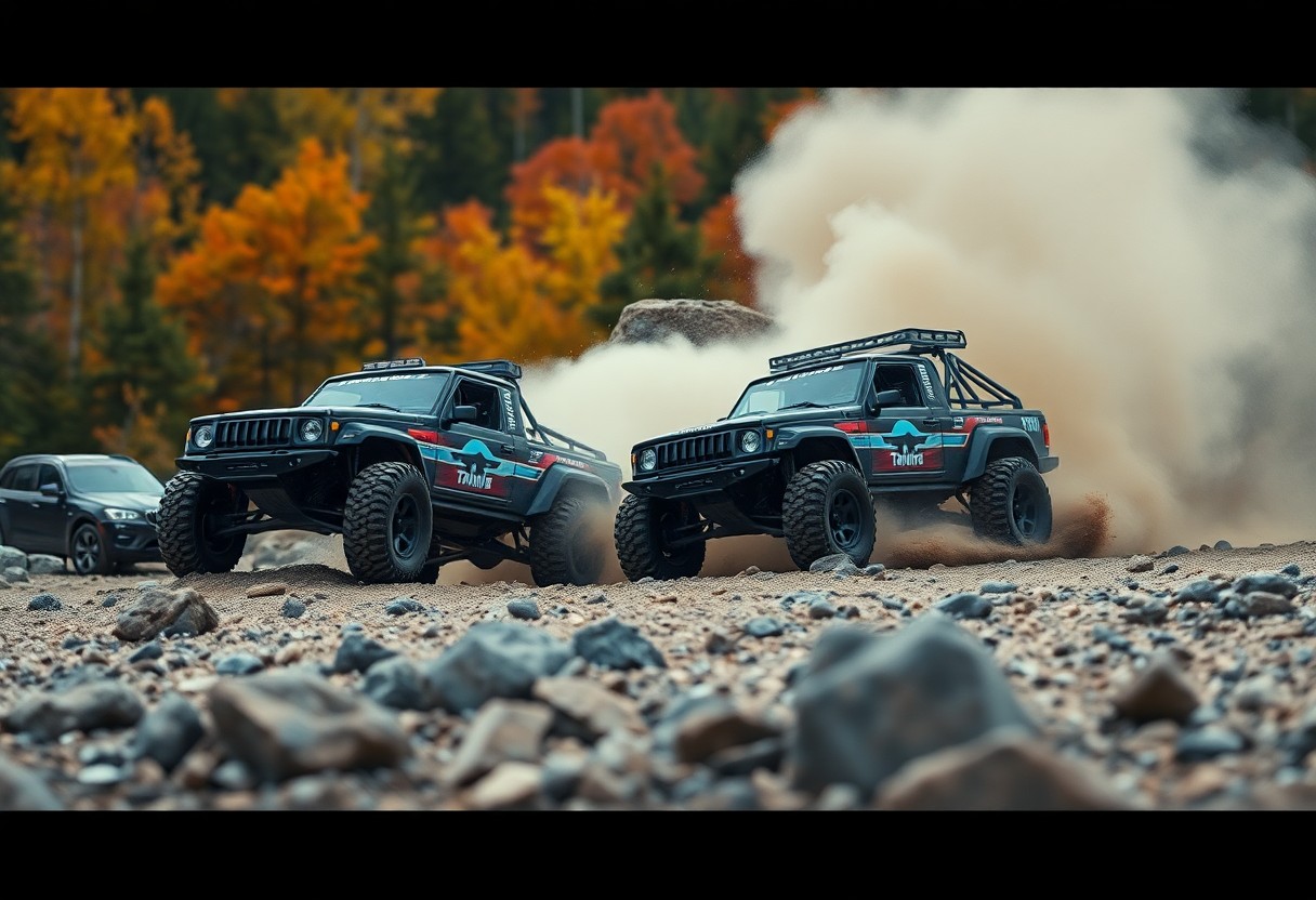 Off-road trucks racing in rugged terrain with vibrant fall foliage background.