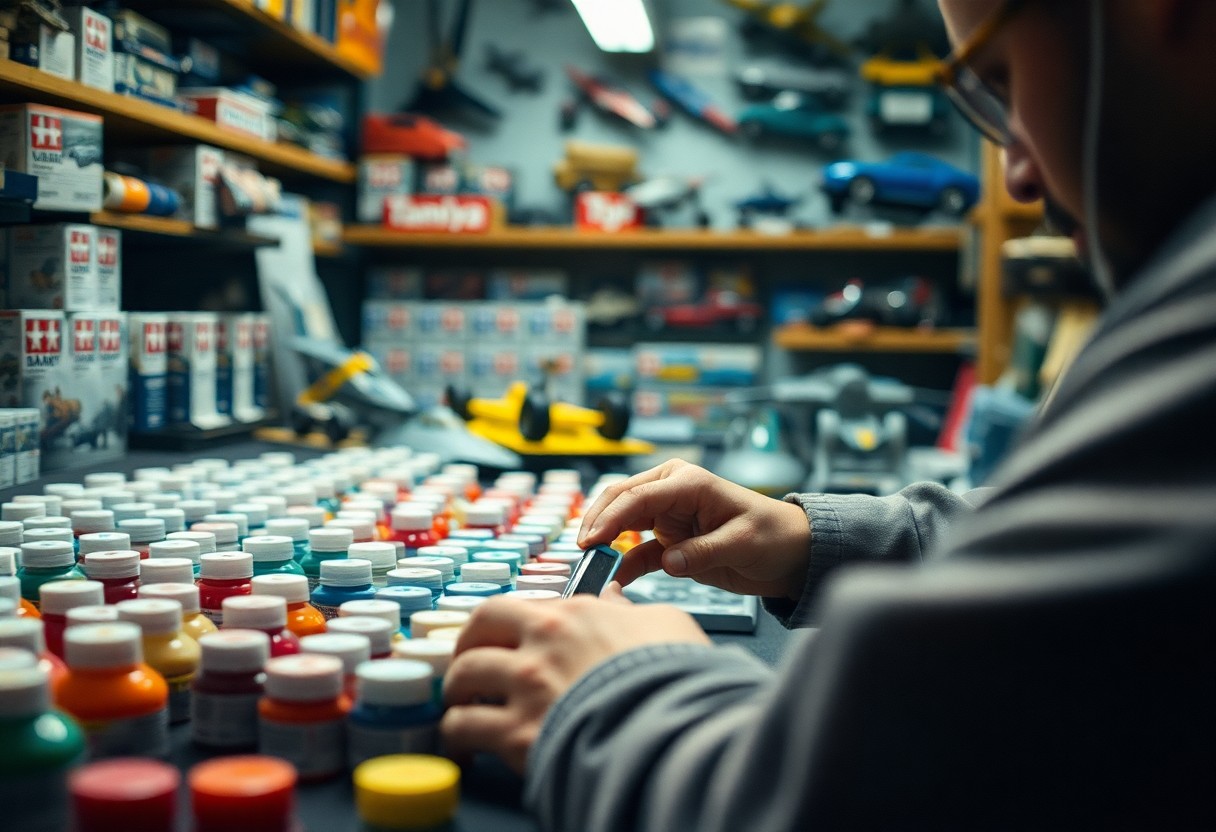 Person assembling model planes with various paint bottles on a workbench in a hobby room.