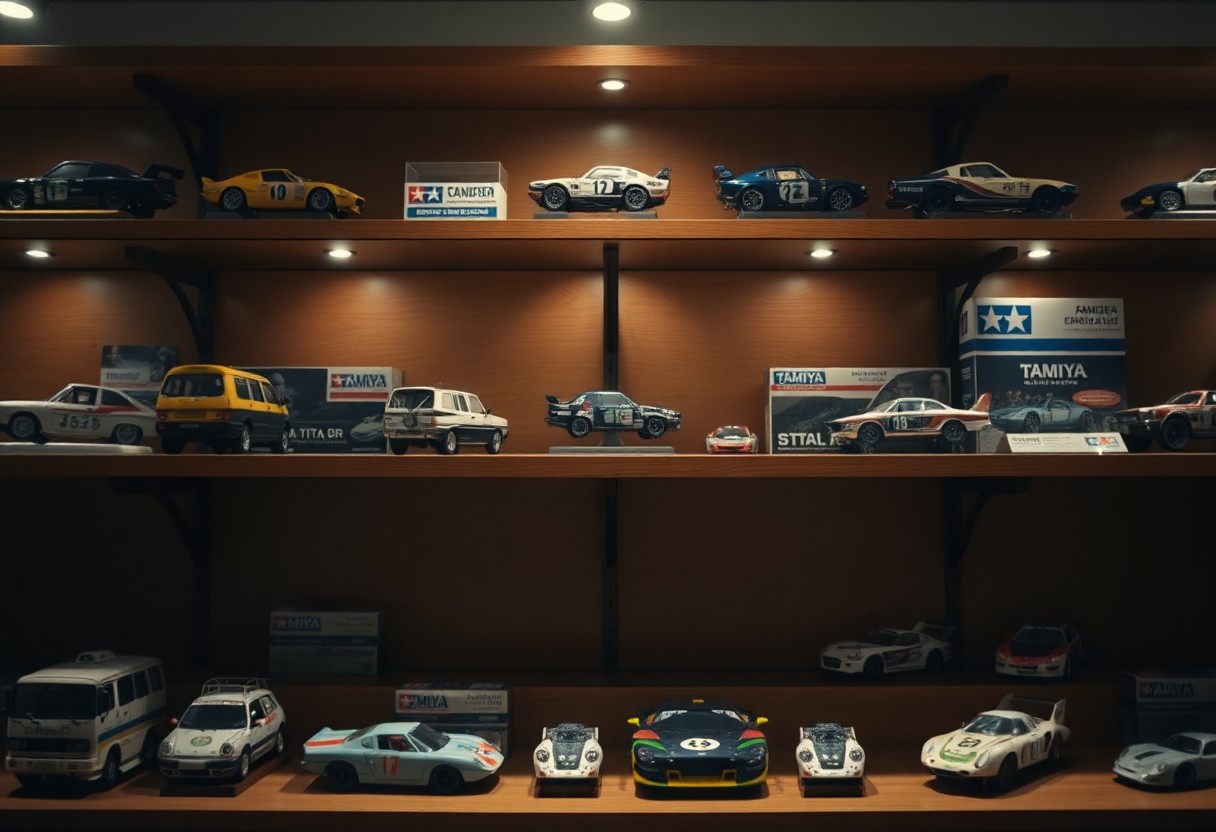 Shelf displaying model cars, including Tamiya kits, under spotlights in a wooden cabinet.