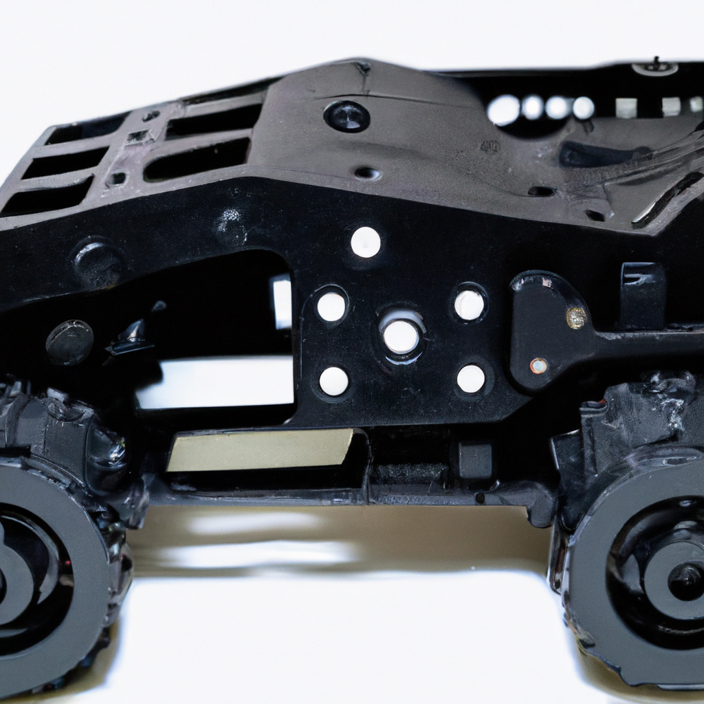 Close-up view of a black robotic vehicle chassis with visible wheels and structural details.