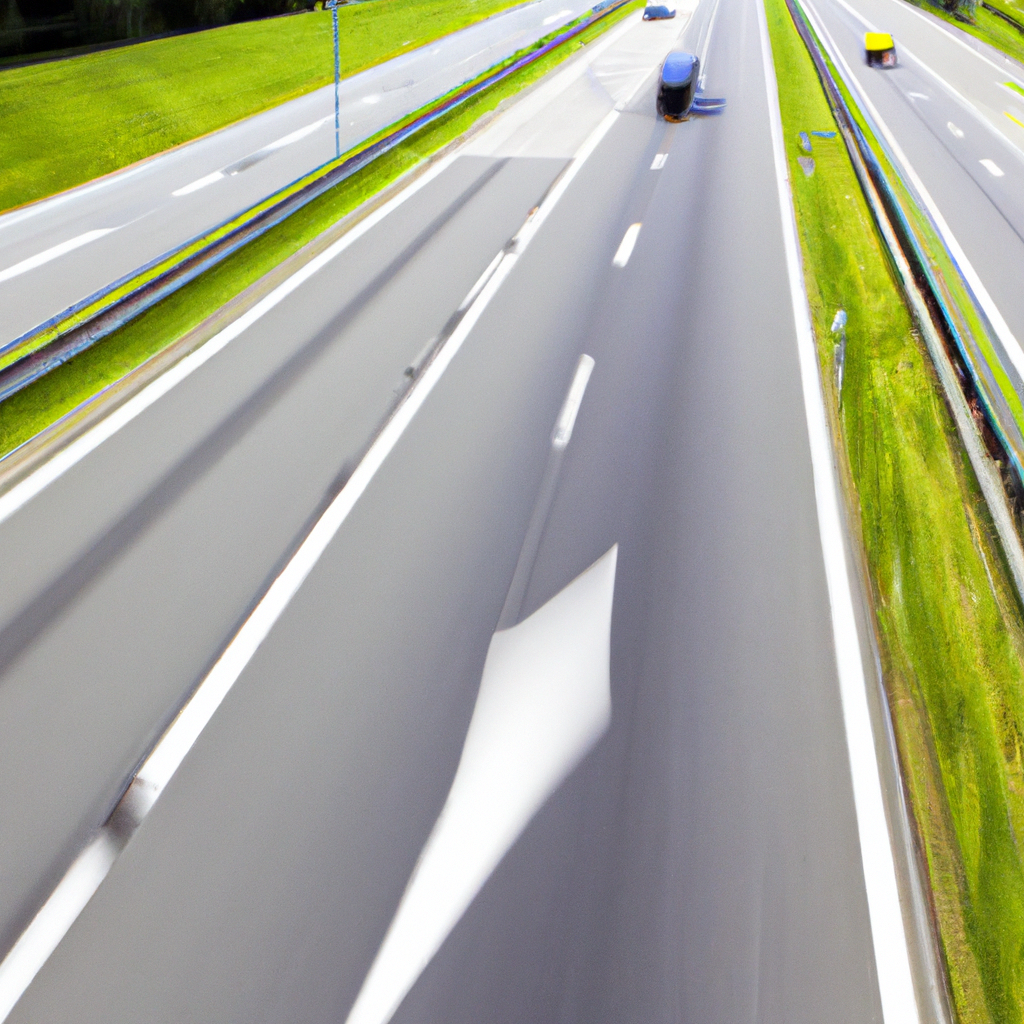 Modern highway with cars driving, surrounded by green grass and clear skies.