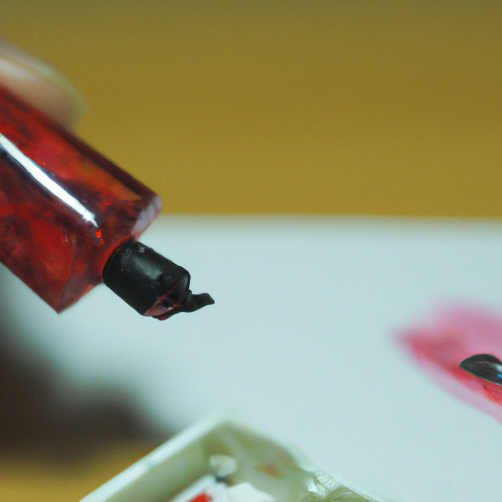 Close-up of red paint tube squeezing onto white palette for art projects.