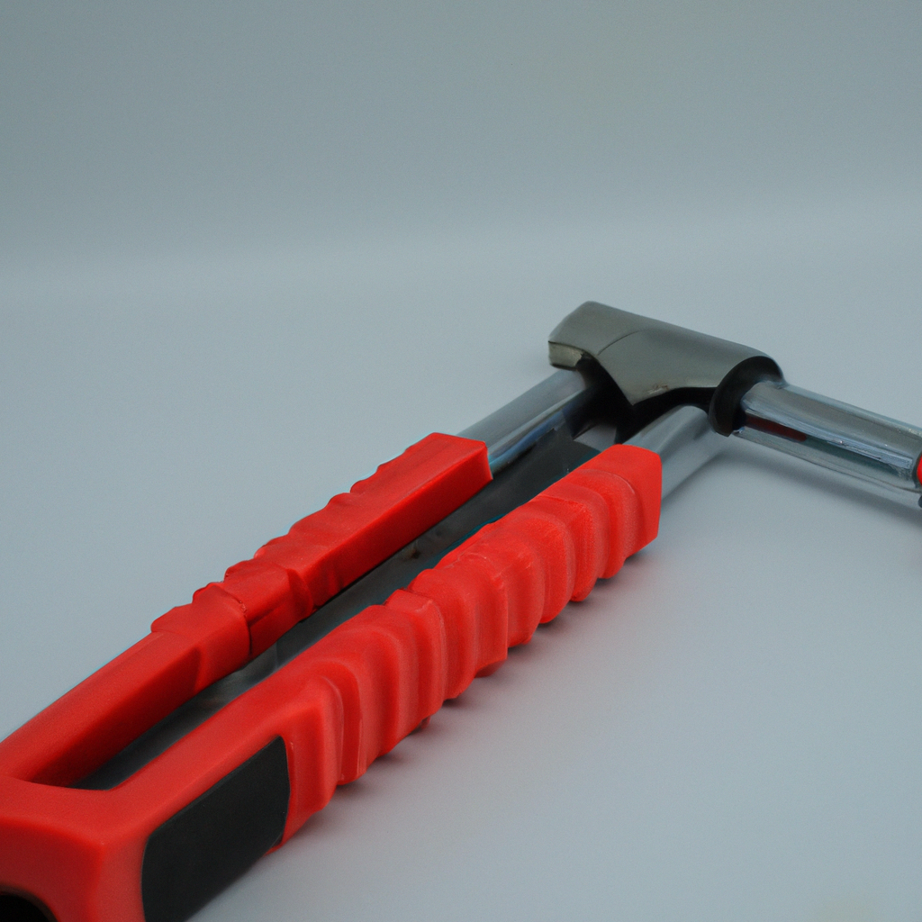 Red-handled bolt cutter with chrome blades on a light background.