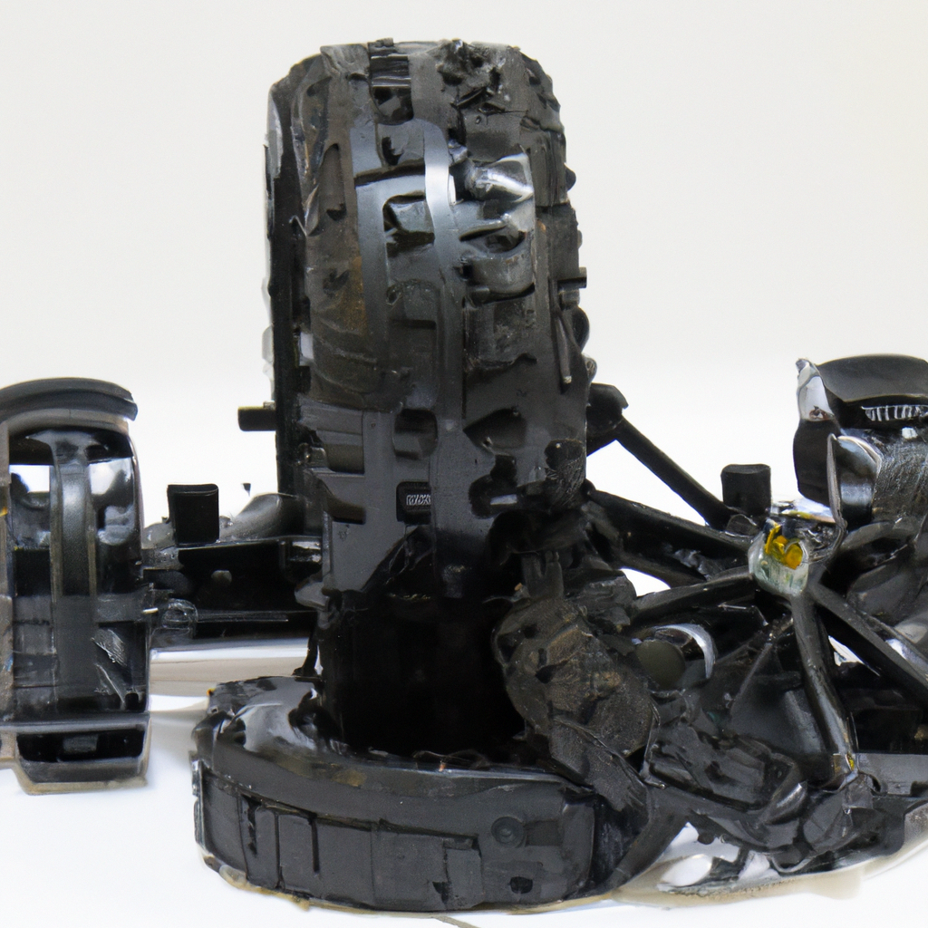 Close-up of a black mechanical sculpture with wheels and gears on a white background.