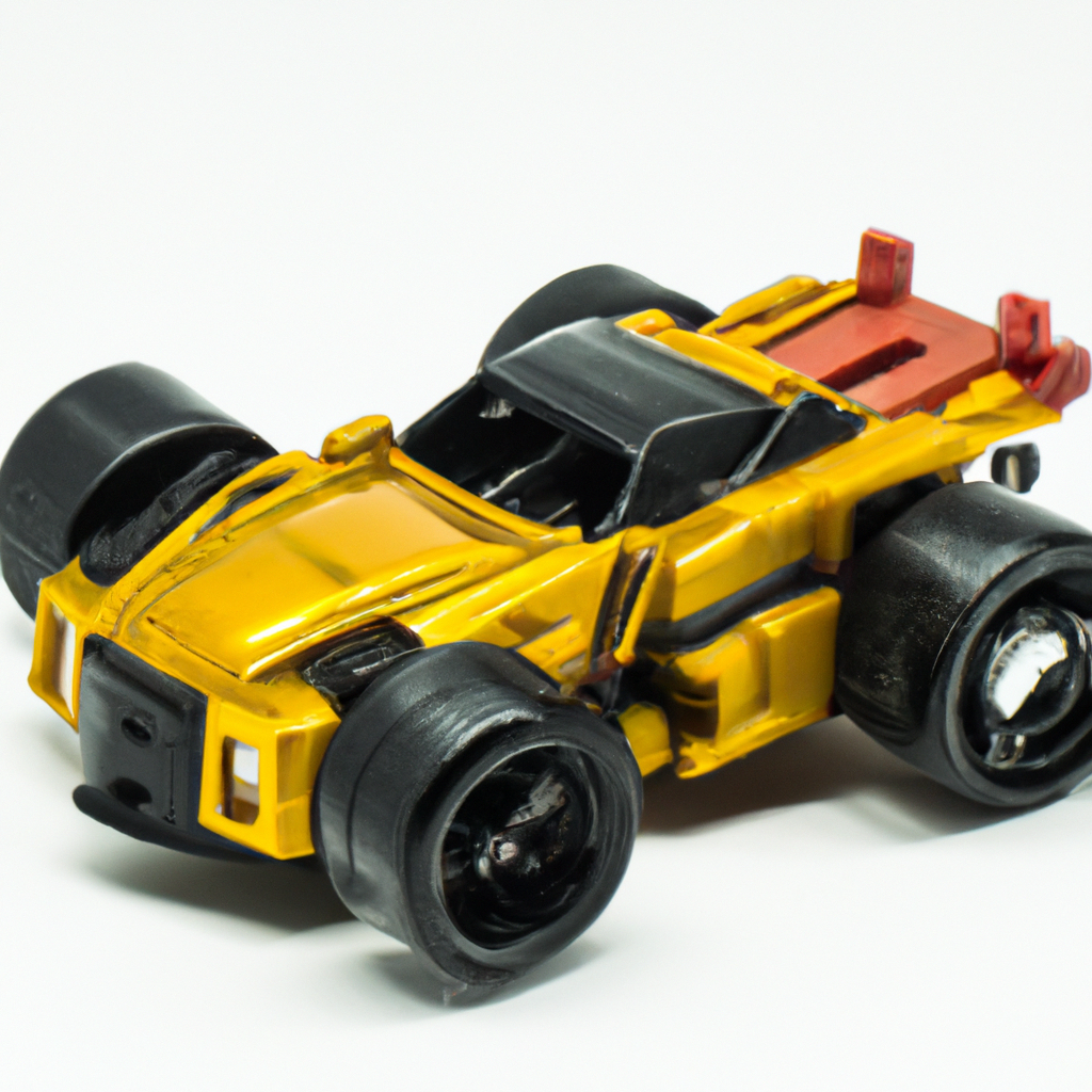 Yellow toy car with black wheels on a white background.