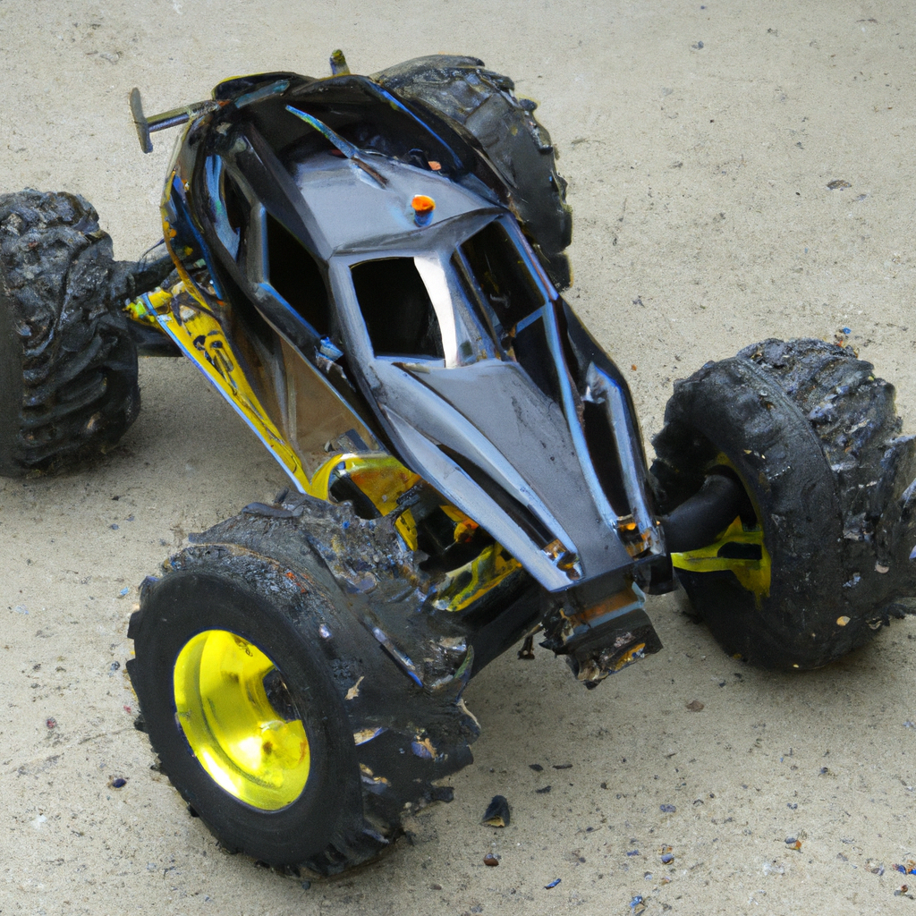 Rugged RC monster truck with black and yellow design on a dirt surface, showcasing its large, muddy wheels.