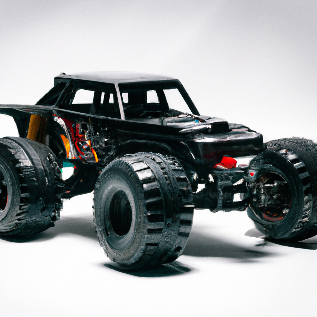 A black toy monster truck with large tires and colorful interior details on a white background.