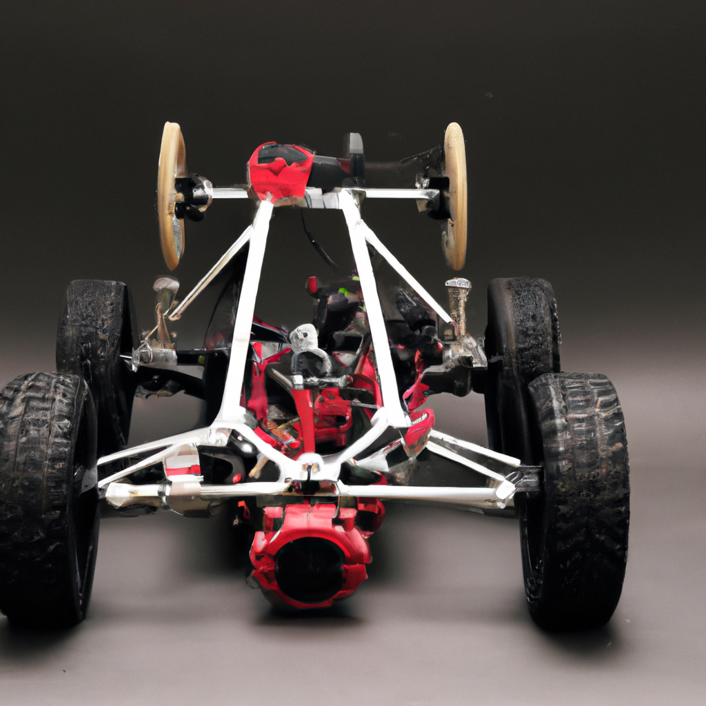 RC car frame on a dark background, showcasing off-road wheels and complex chassis structure.