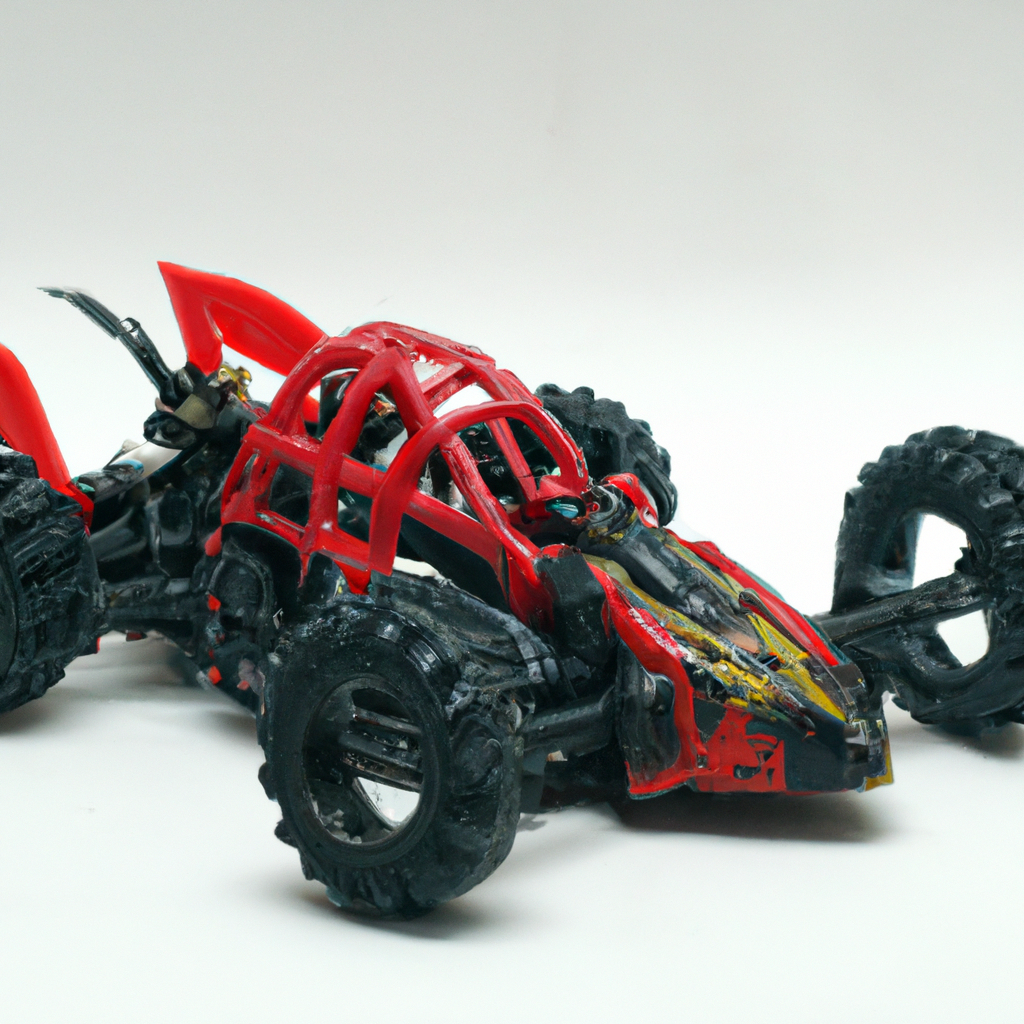 Red and black toy off-road vehicle with oversized tires on a white background.