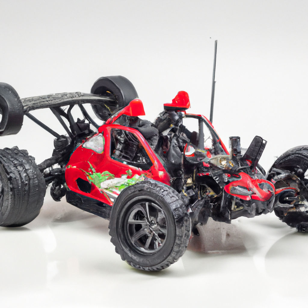 Red toy race car with black wheels and two figures, set against a white background.