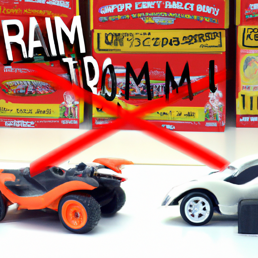 Toy cars with a red X mark in front of colorful, abstract background, conveying concept of toy racing.