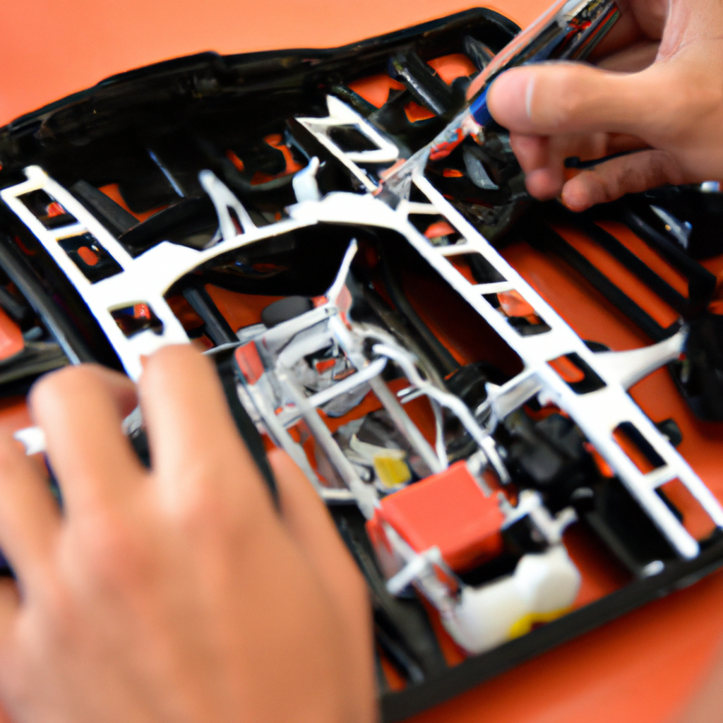 Hands painting a model car frame with intricate details on a table, enhancing design creativity.