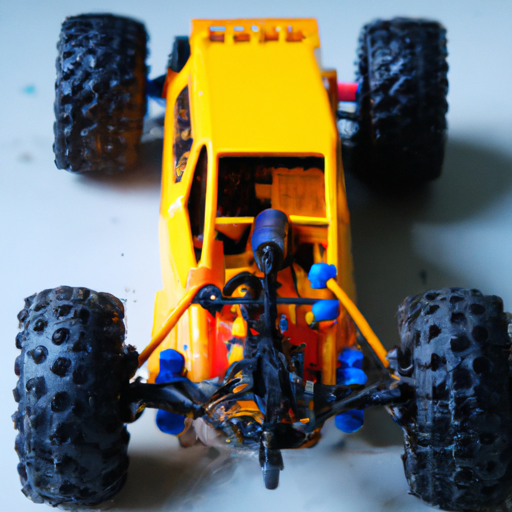 Bright yellow toy car with oversized black wheels on a light surface, viewed from above.