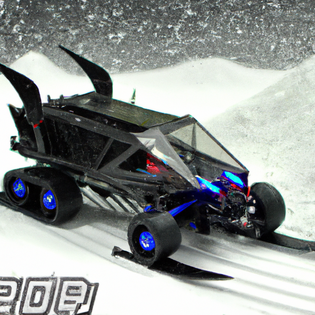 Futuristic snowmobile in action on snowy terrain with blue accents and sleek design.