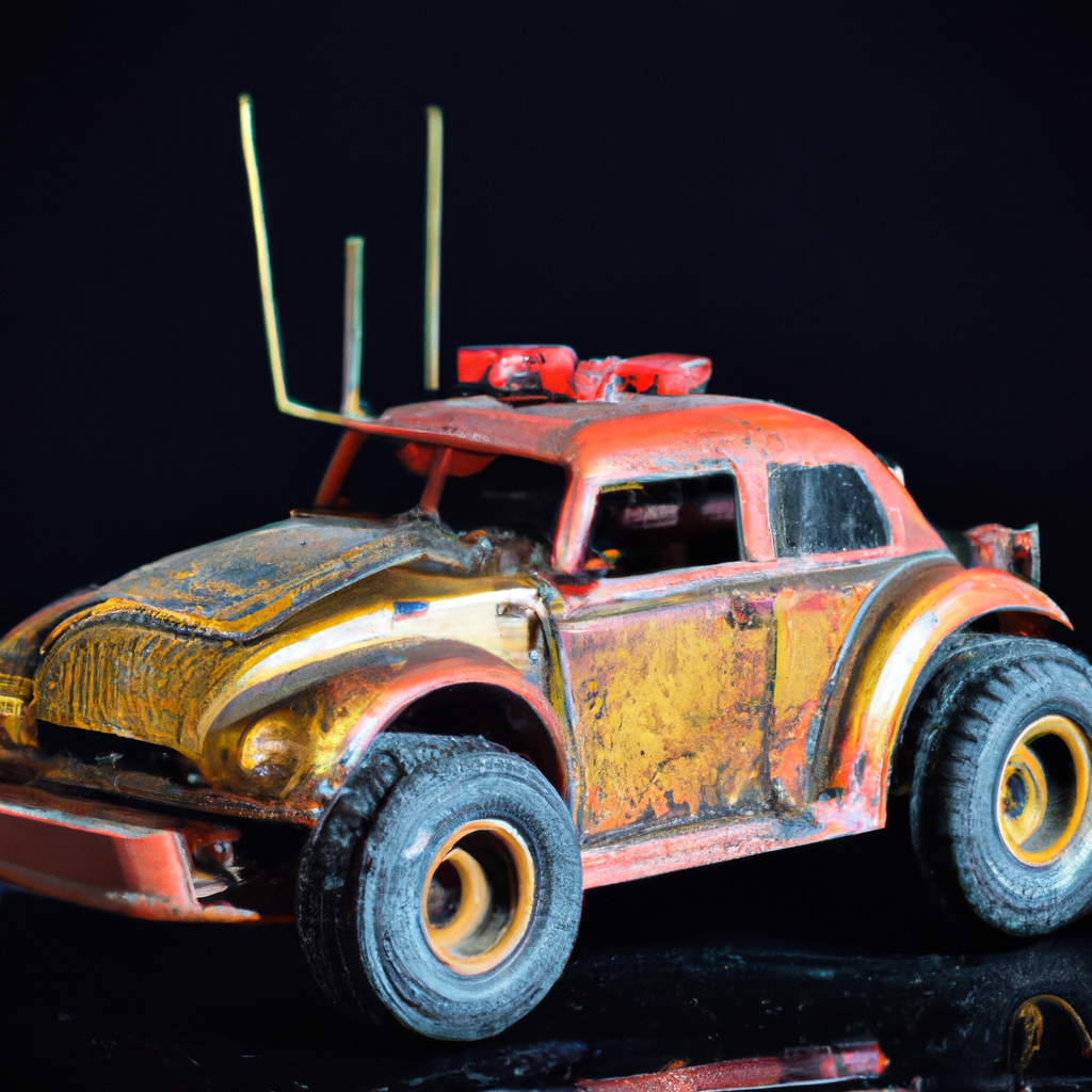 Rustic toy car with red and yellow paint, large tires, and antennas on a reflective surface.