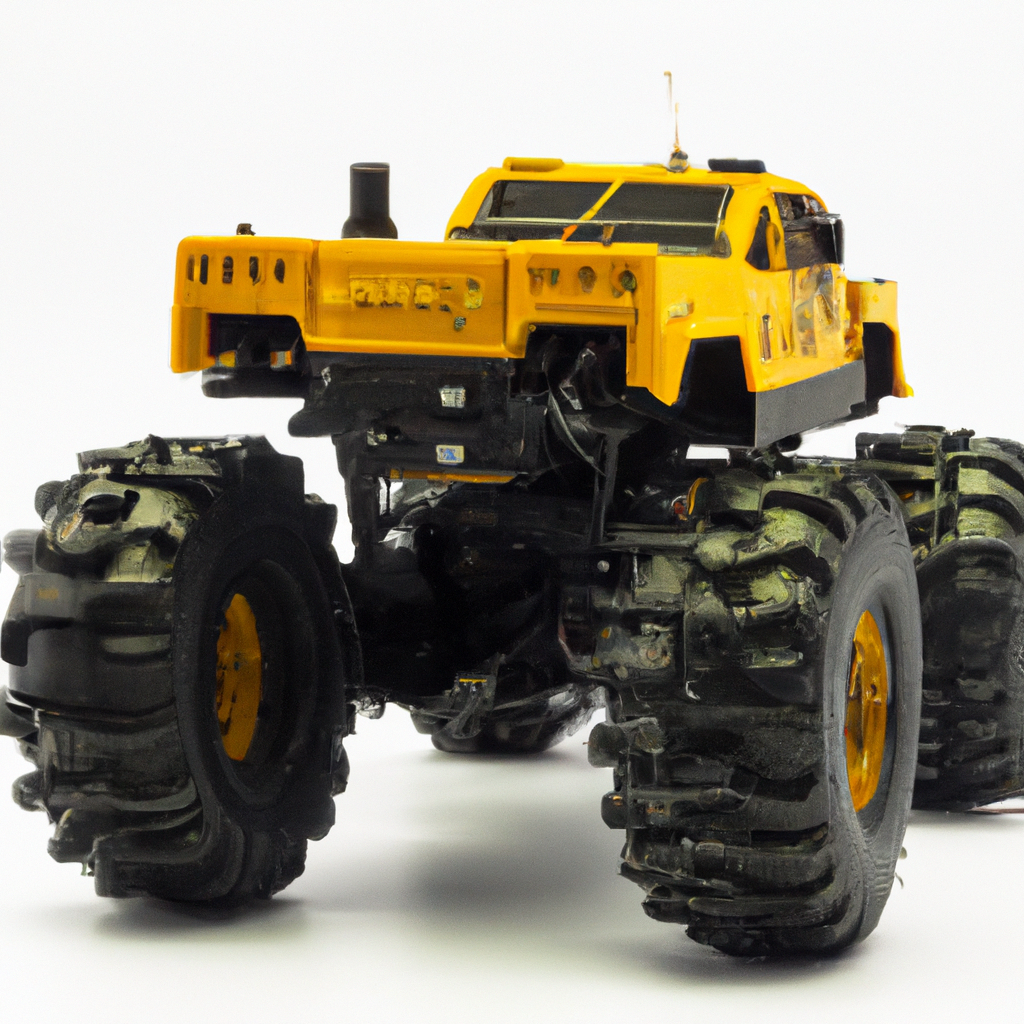 Yellow monster truck toy with large wheels on a white background, showcasing its rugged design and off-road capability.