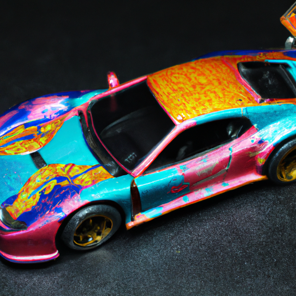 Colorful toy car with vibrant abstract patterns on a dark background.