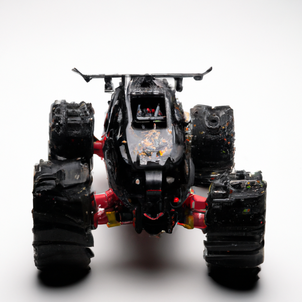 Black monster truck toy on a white background, featuring large wheels and red suspension bars.