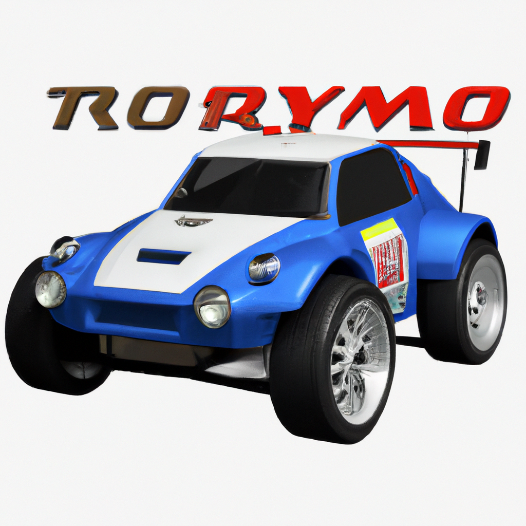 Blue and white toy race car with large wheels and RYMO logo.