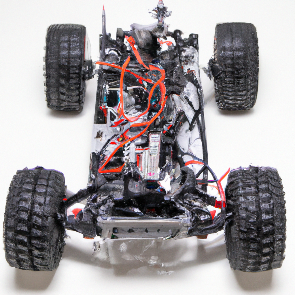 RC car chassis with exposed electronics and wiring on a white background.