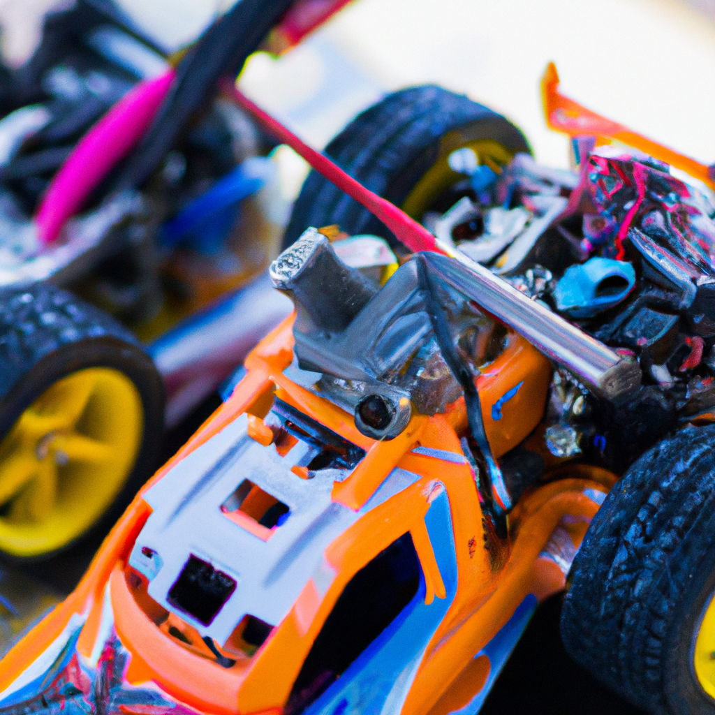 Close-up of vibrant toy race cars with colorful details and yellow wheels, showcasing intricate design features.