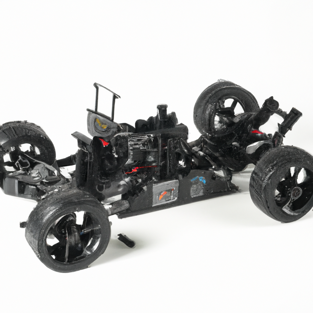 Black toy race car chassis with detailed engine and mechanics, placed on a white background.