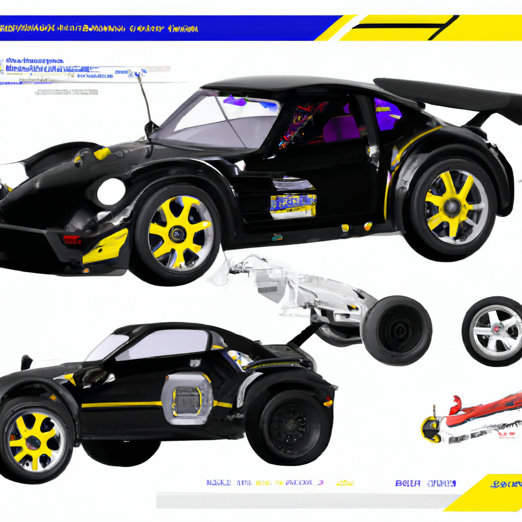 Black and yellow sports car with open panels showcasing mechanical parts and design details.