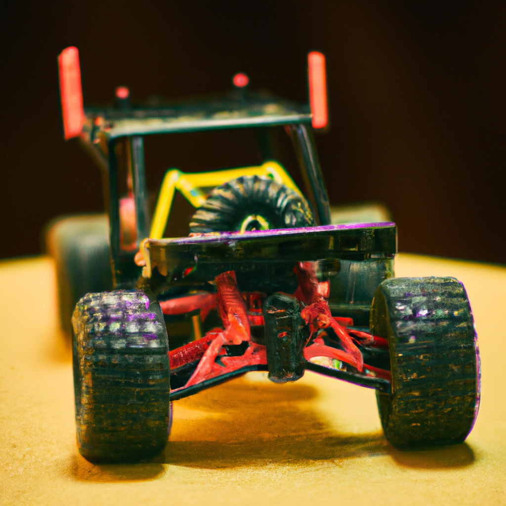 Toy monster truck with large wheels on a table, viewed from the front, showcasing vibrant colors and tire detail.