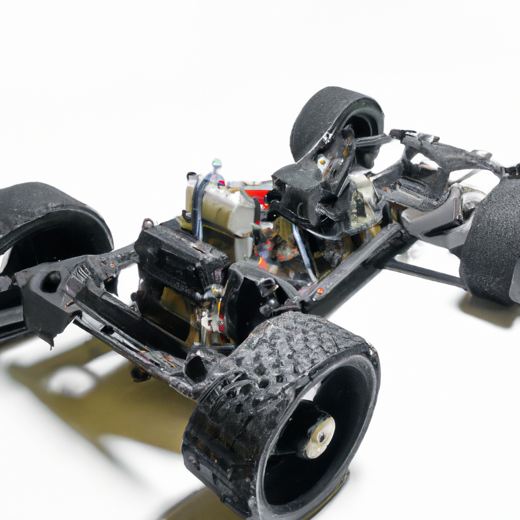 Model car chassis with exposed engine and wheels on display, showing intricate mechanical details.