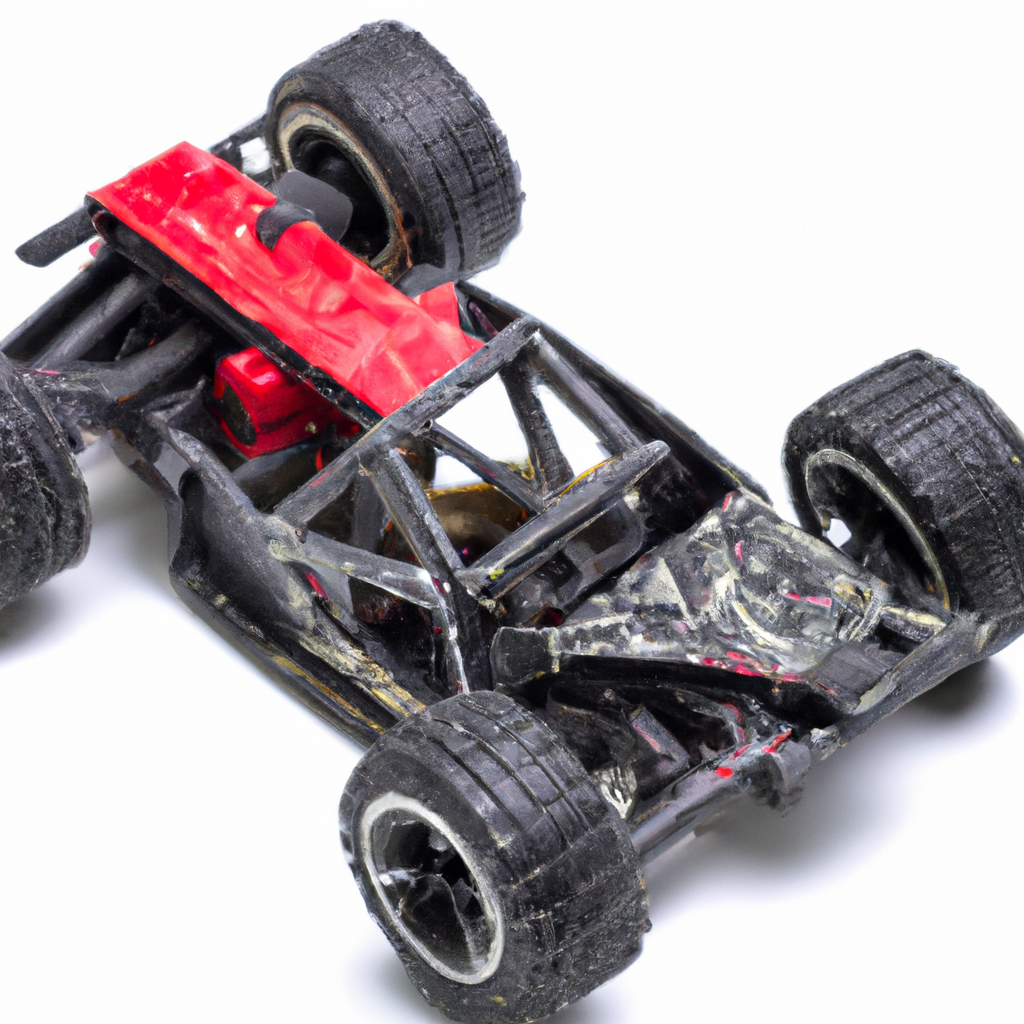 Black and red toy race car on white background, showcasing rugged tires and intricate design details.