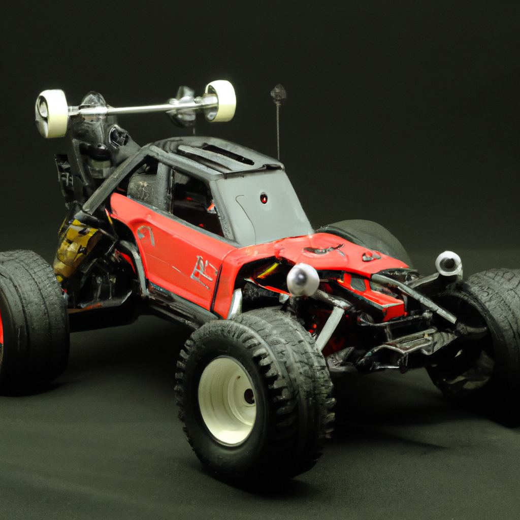 Red futuristic RC car with oversized wheels on a dark background.