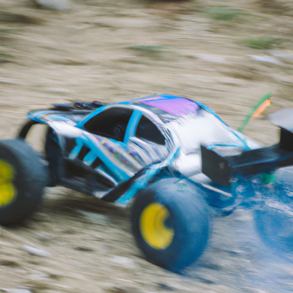 Blurred motion of an RC car racing on a dirt track, showcasing speed and vibrant colors.