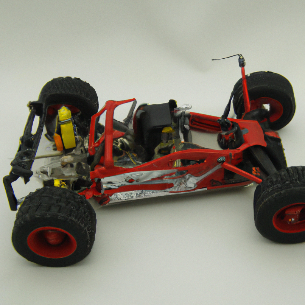 Red RC car frame with exposed wheels and mechanical parts, displaying rugged off-road design on a plain background.