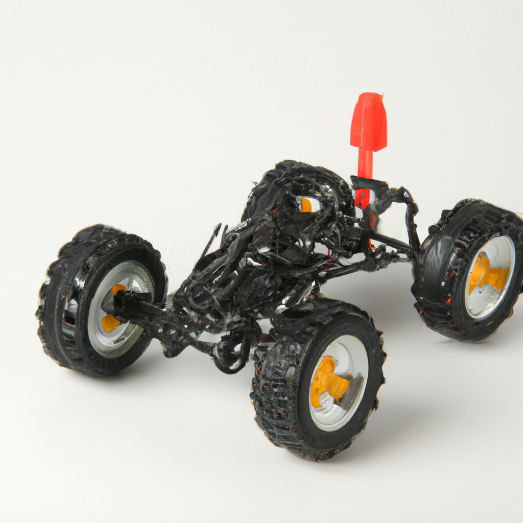 DIY toy car with large wheels and red antenna-like feature on white background.