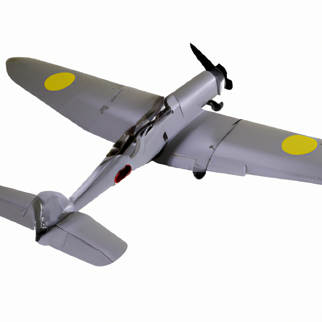 Model World War II fighter plane with grey body and yellow markings, viewed from above on a white background.