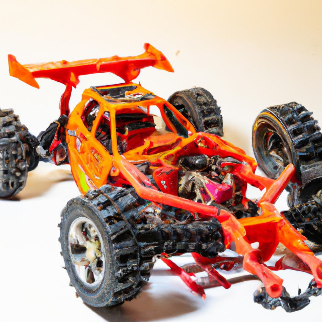 Orange and red toy car with large rugged tires, showcasing a detailed design on a white background.