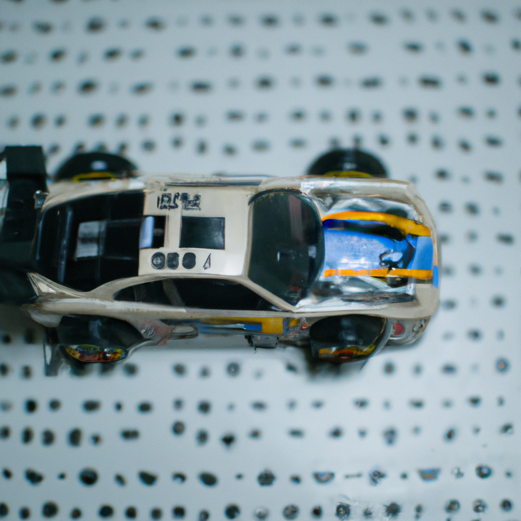 Model toy police car on a dotted surface, featuring blue and yellow accents.