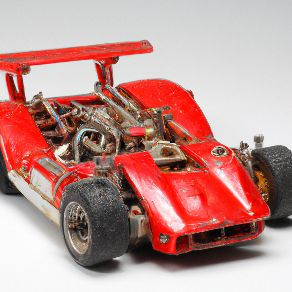 Red vintage toy car with exposed engine and worn tires, showcasing intricate detailing and classic design.