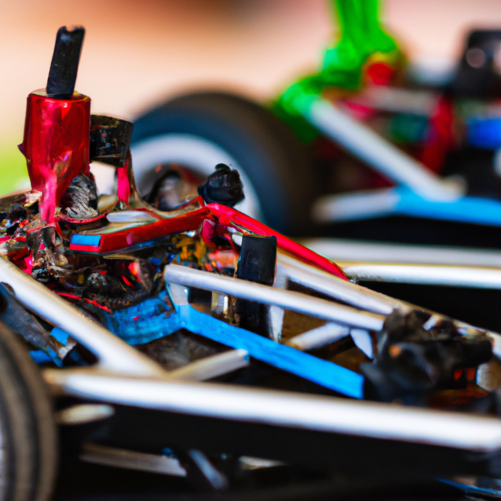 Close-up of colorful model race cars with intricate details and metal frames.