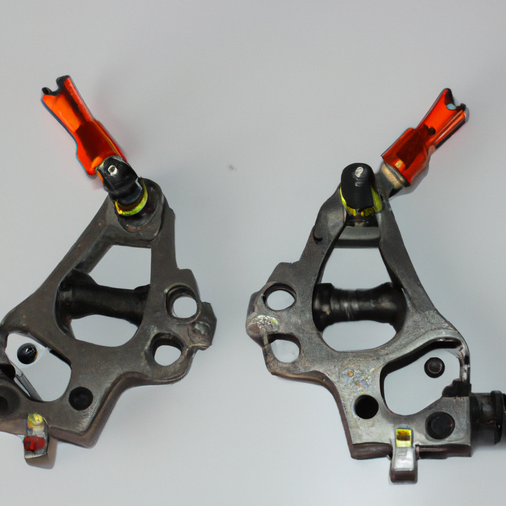 Two metal automotive parts with orange components on a white background.