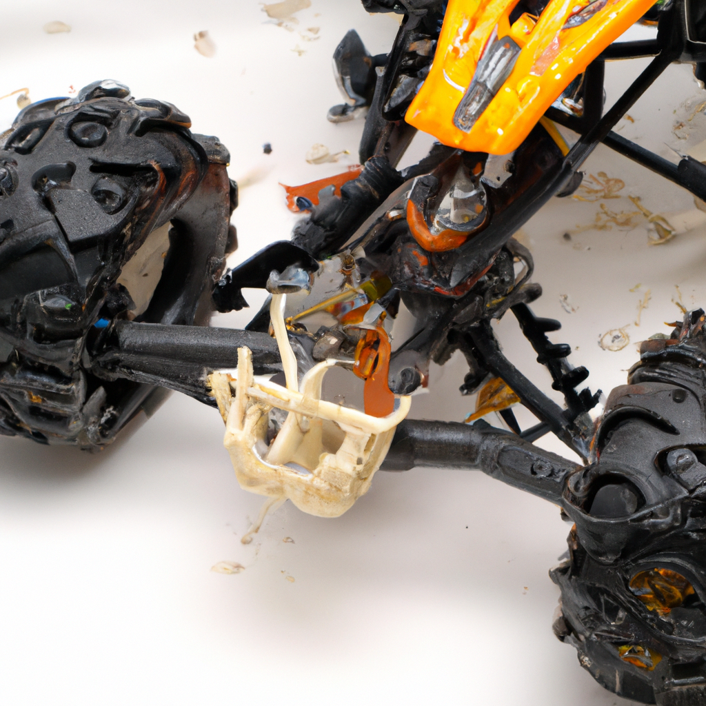 Close-up of a rugged toy off-road vehicle with oversized tires and bright orange details on a white background.