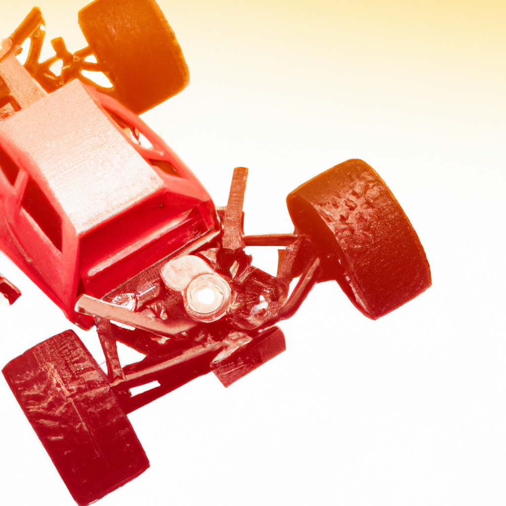 Red toy car with large wheels, viewed from above on a bright background.