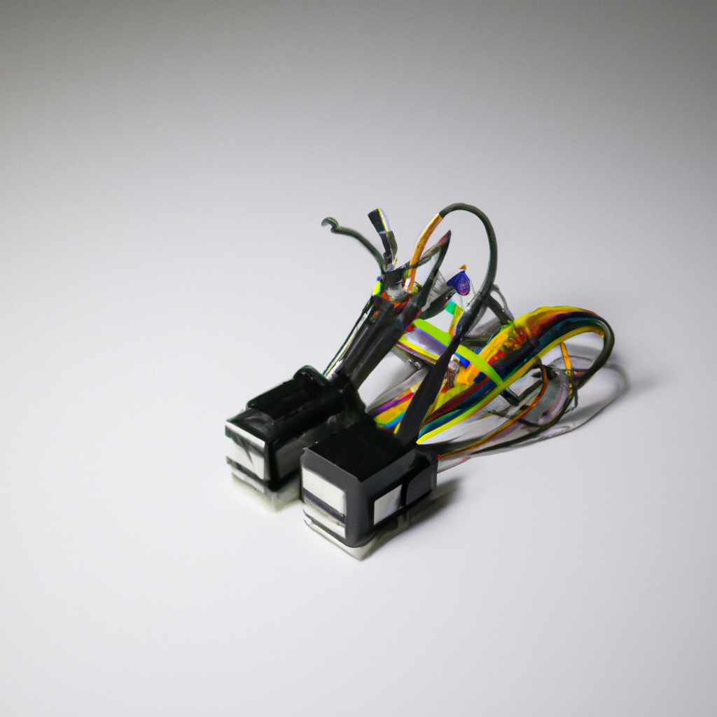 Colorful electronic components with wires on a white background, showcasing a complex circuit design.