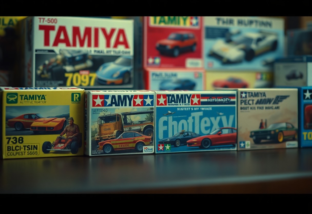 Collection of Tamiya model car kit boxes displayed on a shelf.