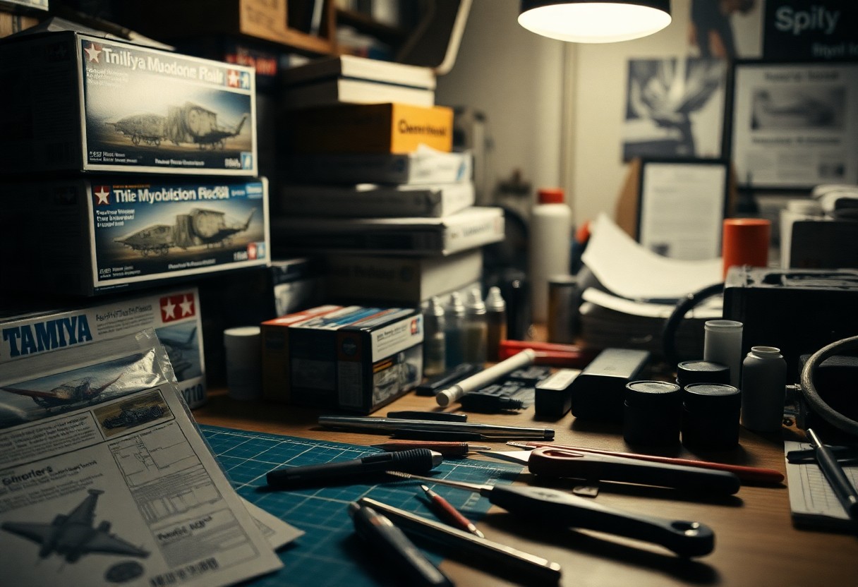 Model kit workspace with tools and paints, surrounded by boxes and instructions under a lamp on a wooden desk.