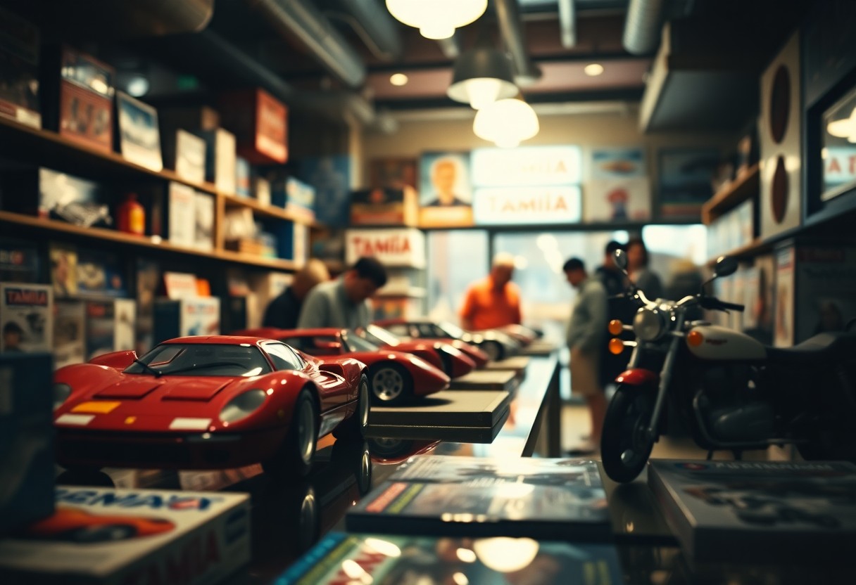 Model car and motorcycle display in a hobby shop with blurred shoppers in the background.