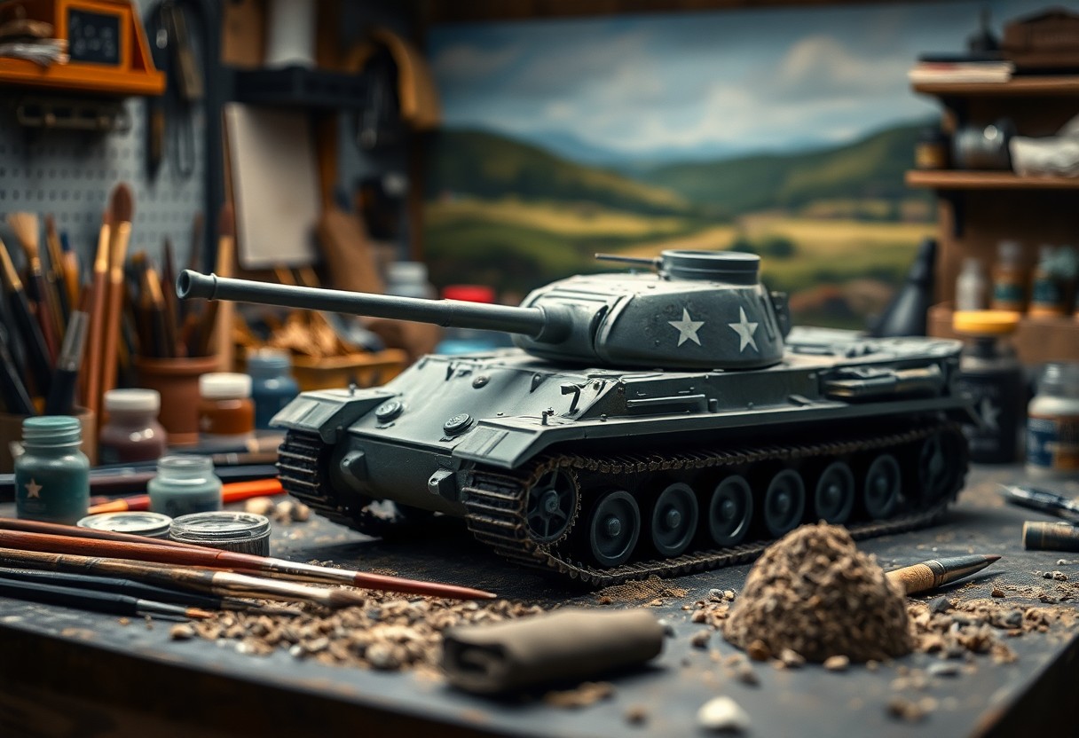 Model tank on a workshop table surrounded by art supplies, paint jars, and brushes.