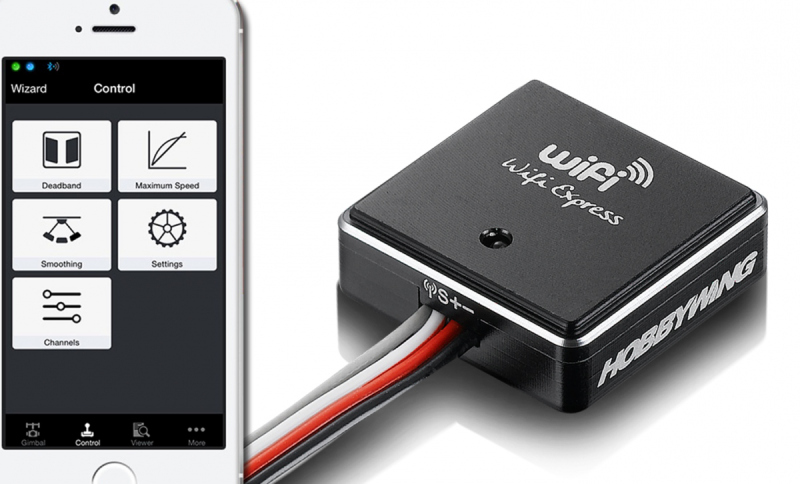 Hobbywing WiFi Express module and smartphone app for remote control settings, showing various control options.